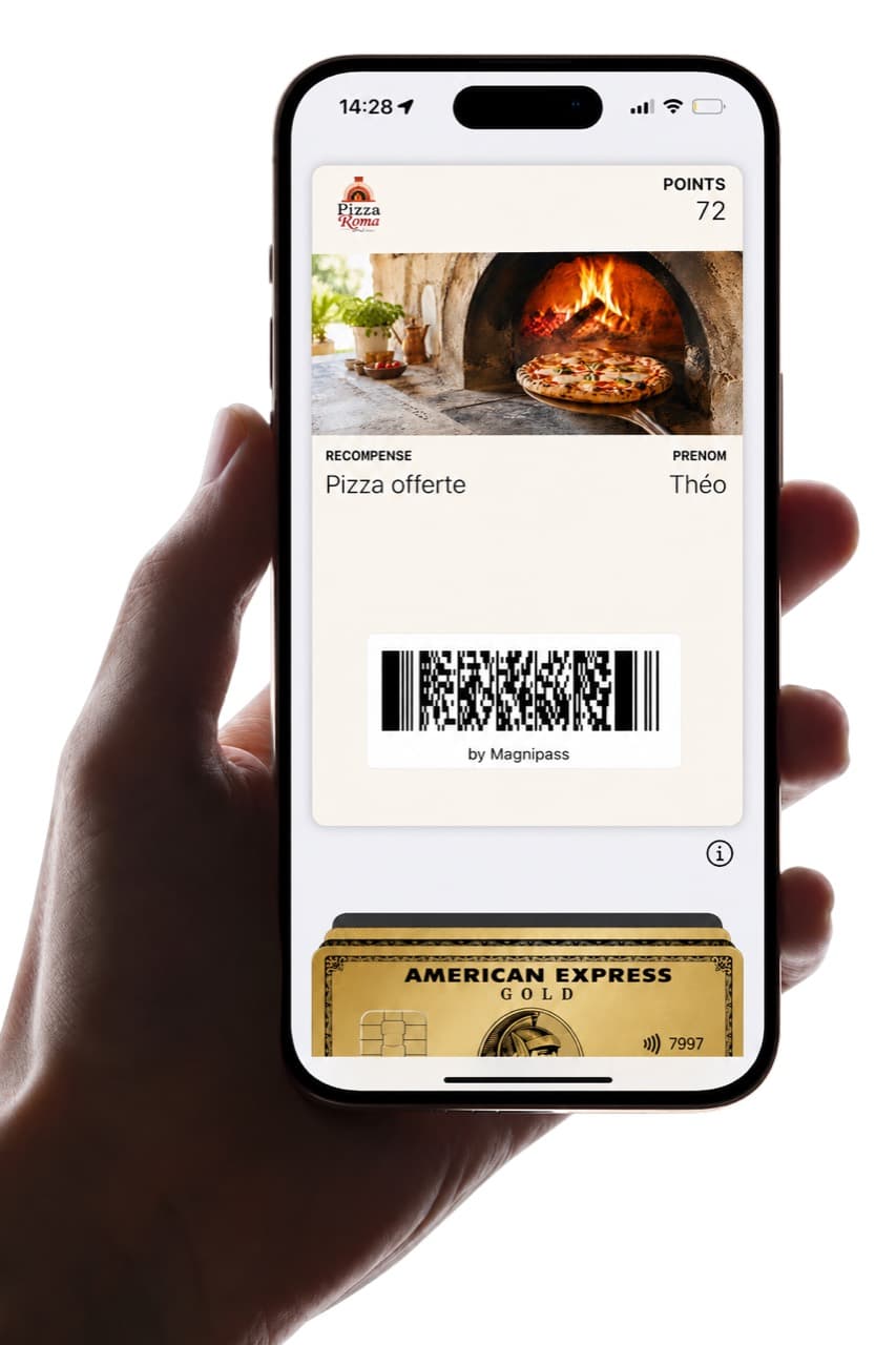 Carte à points Pizza Roma dans Apple Wallet, avec 72 points et une récompense pizza offerte.